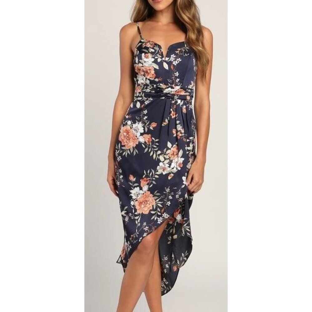 Lulu's My Favorite Day Floral Print Tulip Skirt Midi Dress Women Size Medium NWT